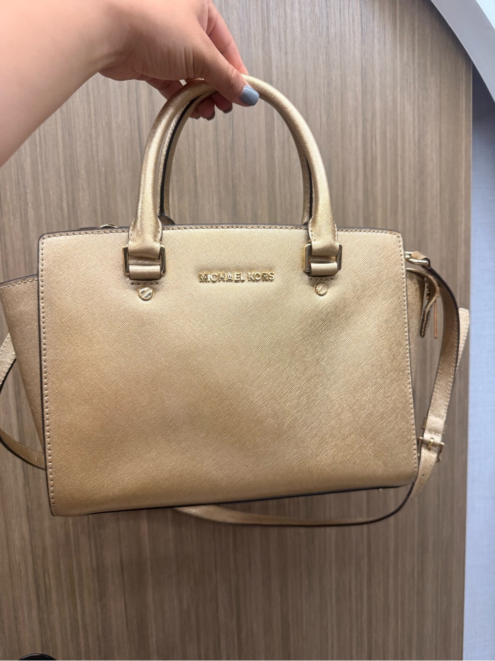 Michael Kors Metallic Gold Saffiano Satchel with Shoulder Strap